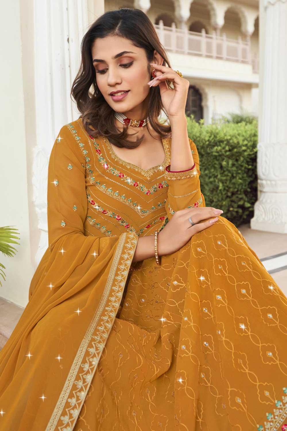 Elegant Mustard Color Georgette Sangeet Wear Readymade Anarkali Suit