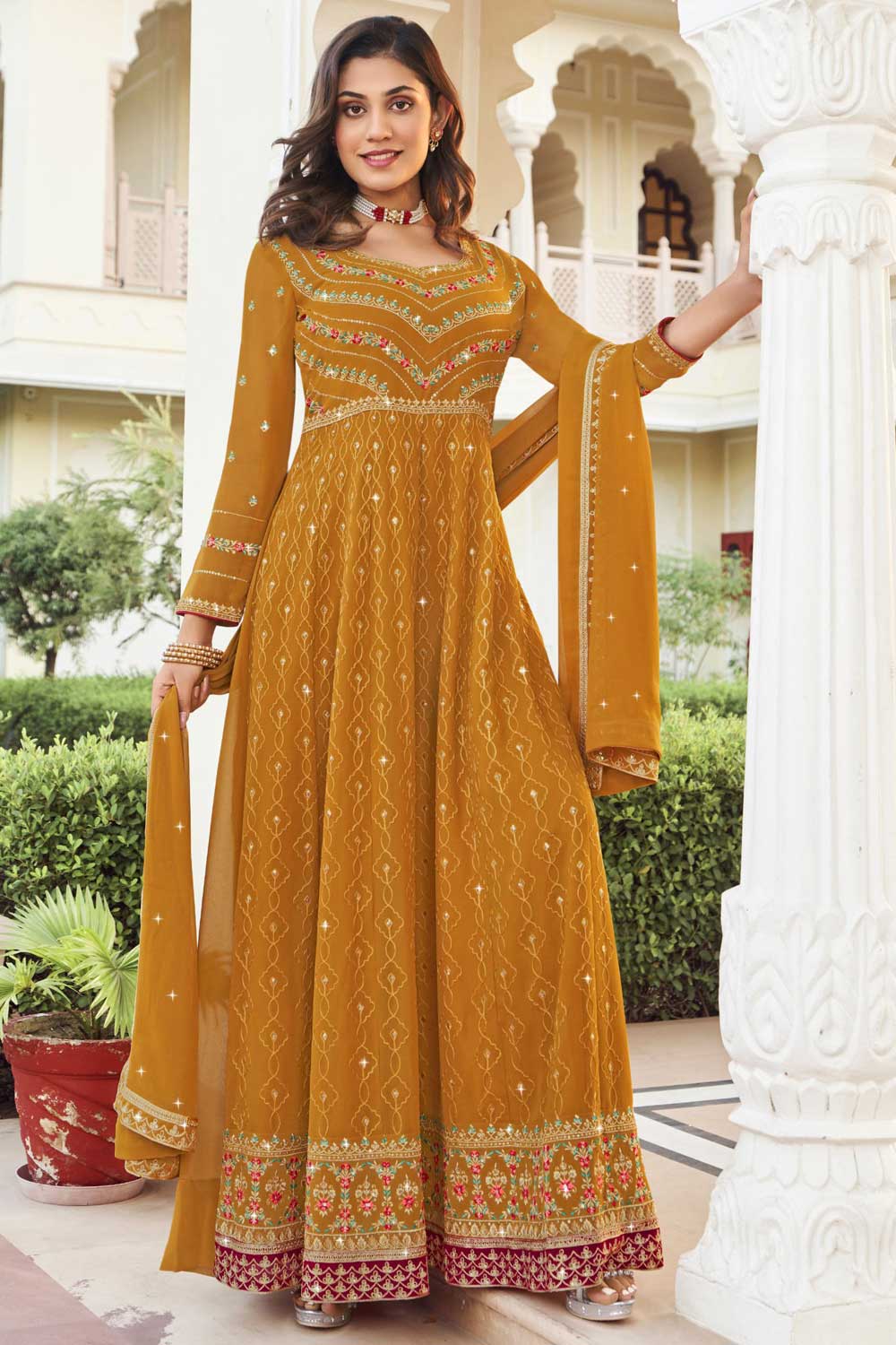 Elegant Mustard Color Georgette Sangeet Wear Readymade Anarkali Suit