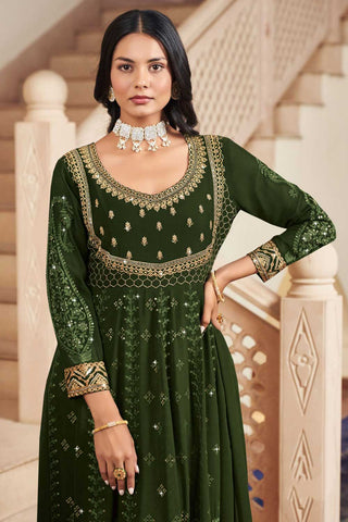 Sangeet look Georgette Fabric Readymade Anarkali Suit in Mehendi Green Color