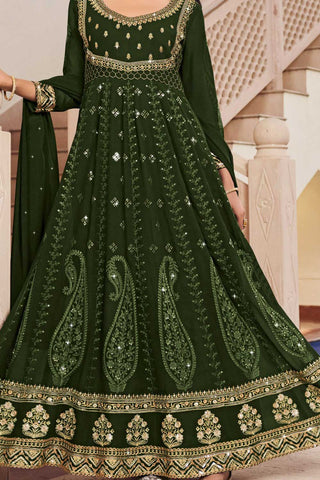 Sangeet look Georgette Fabric Readymade Anarkali Suit in Mehendi Green Color