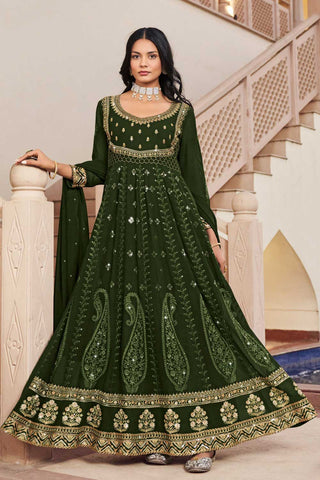 Sangeet look Georgette Fabric Readymade Anarkali Suit in Mehendi Green Color