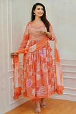 Load image into Gallery viewer, Orange Color Muslin Fabric Tempting Readymade Anarkali Suit

