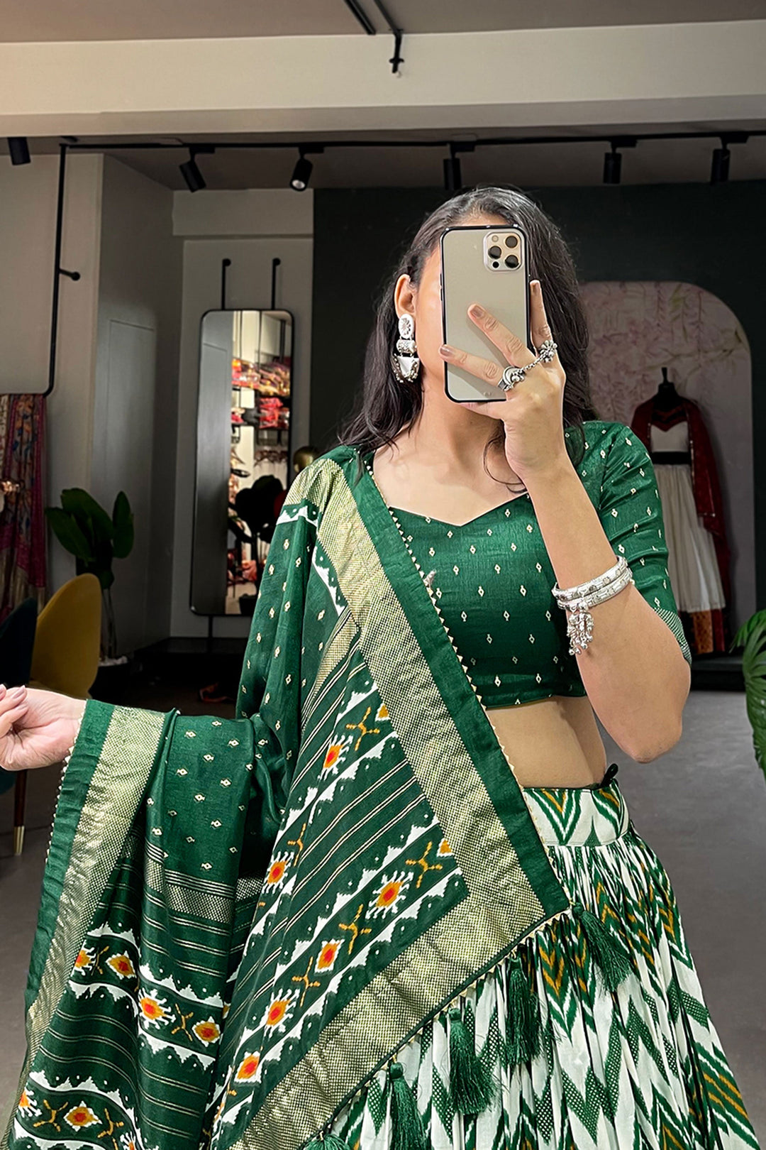 Attractive Function Wear Green Color Foil Printed Work Art Silk Lehenga | Buy Online India