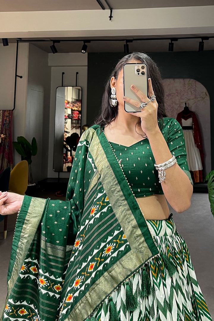 Attractive Function Wear Green Color Foil Printed Work Art Silk Lehenga | Buy Online India