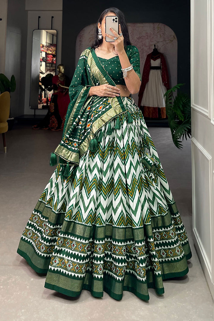 Attractive Function Wear Green Color Foil Printed Work Art Silk Lehenga | Buy Online India