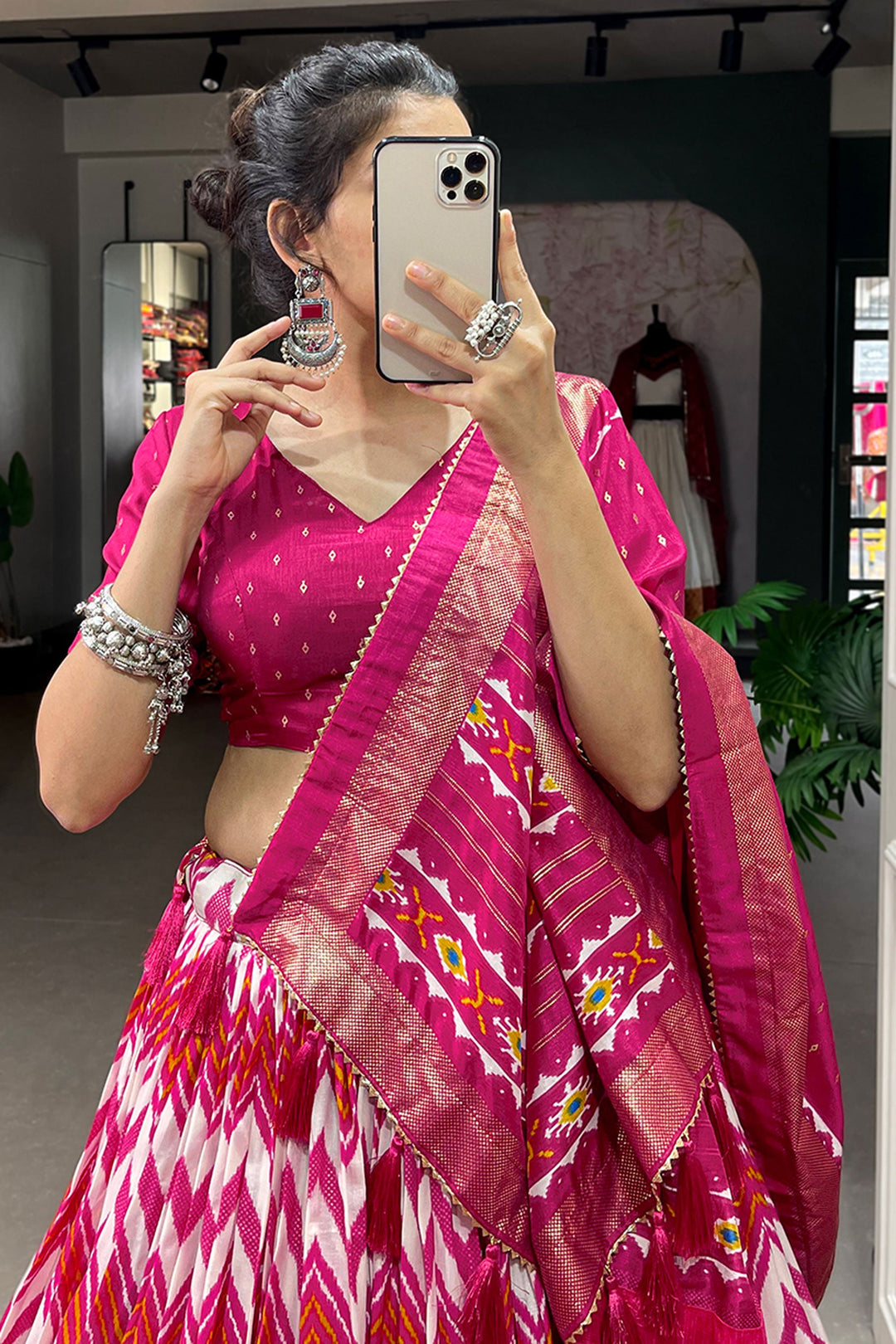 Radiant Pink Color Function Wear Foil Printed Work Art Silk Lehenga | Buy Online India