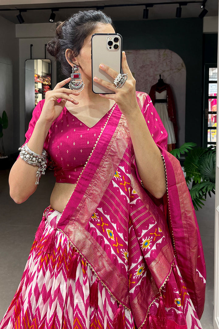 Radiant Pink Color Function Wear Foil Printed Work Art Silk Lehenga | Buy Online India