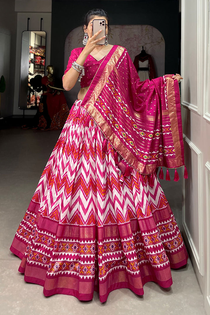 Radiant Pink Color Function Wear Foil Printed Work Art Silk Lehenga | Buy Online India