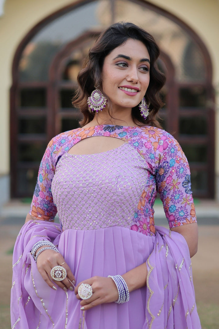 Lavender Color Glorious Readymade Gown With Dupatta In Georgette Fabric | Buy Online India