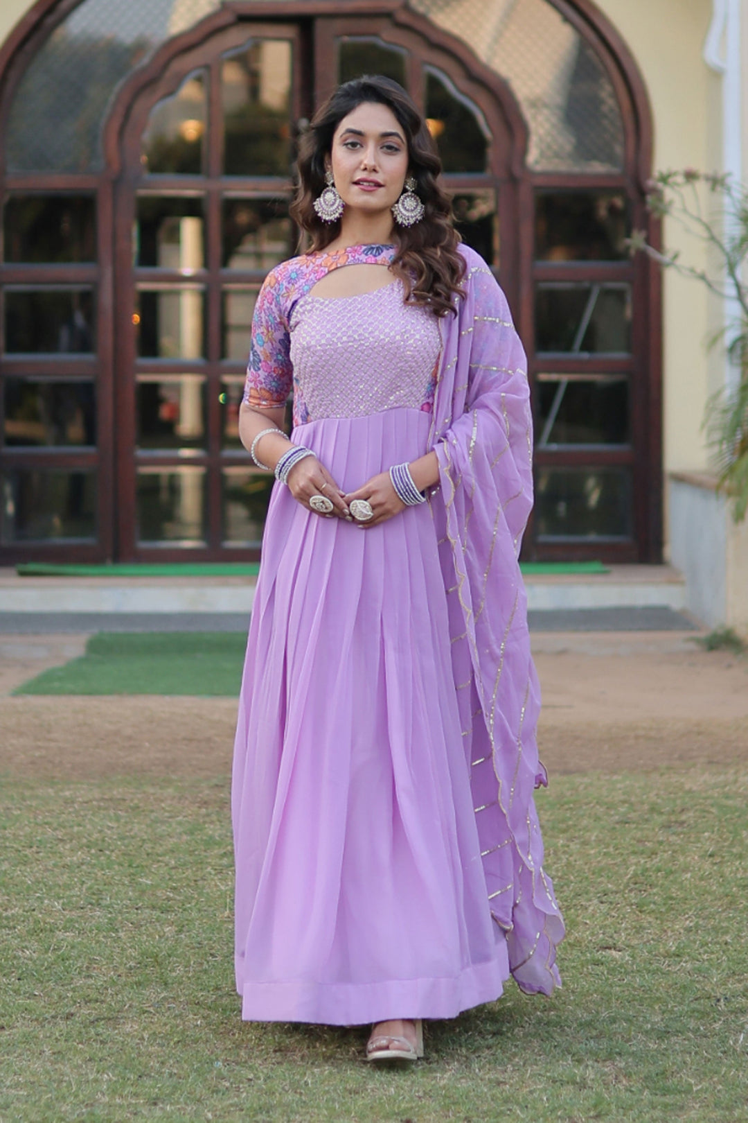 Lavender Color Glorious Readymade Gown With Dupatta In Georgette Fabric | Buy Online India