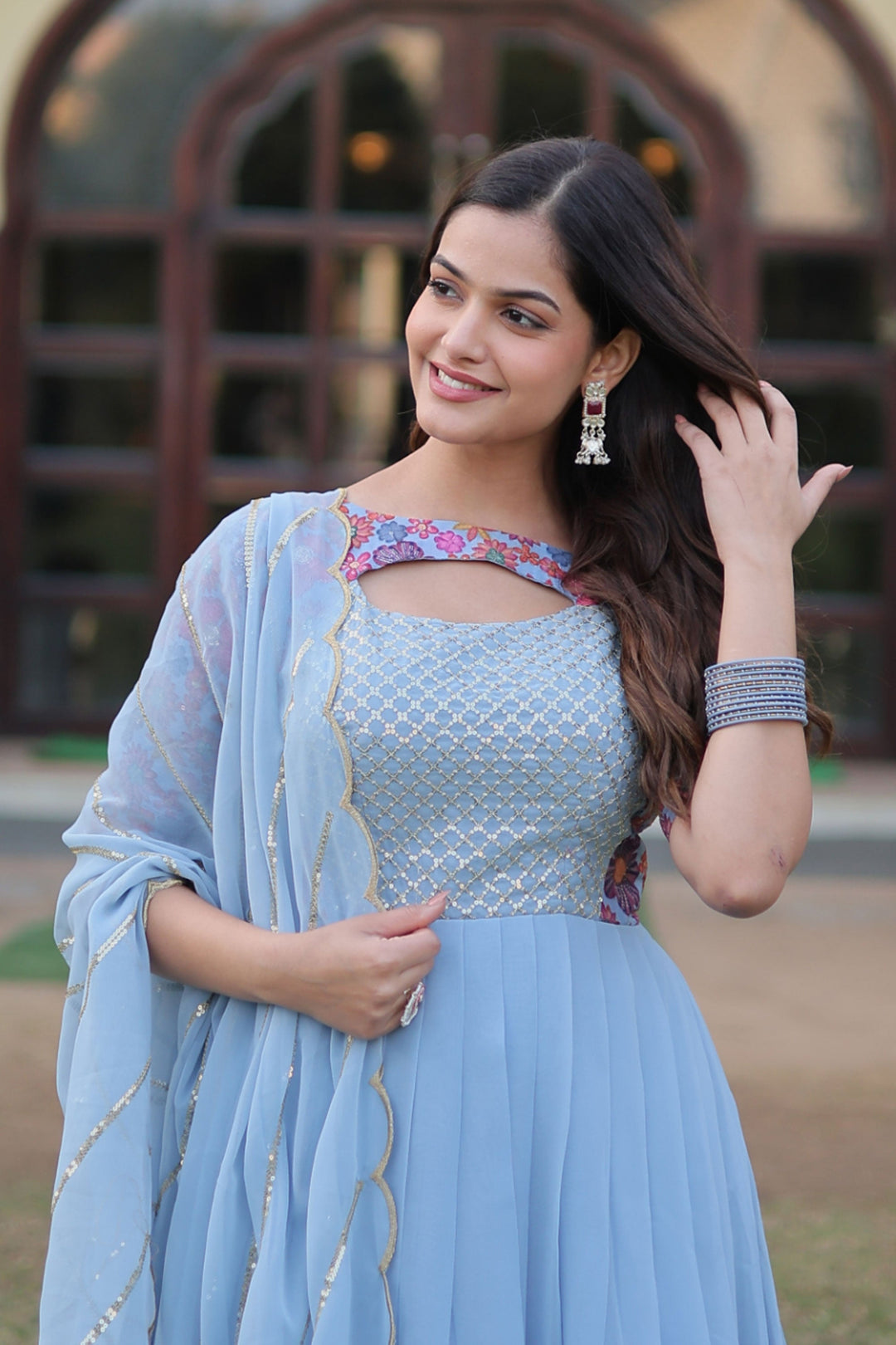 Georgette Fabric Luminous Readymade Gown With Dupatta In Sky Blue Color | Buy Online India