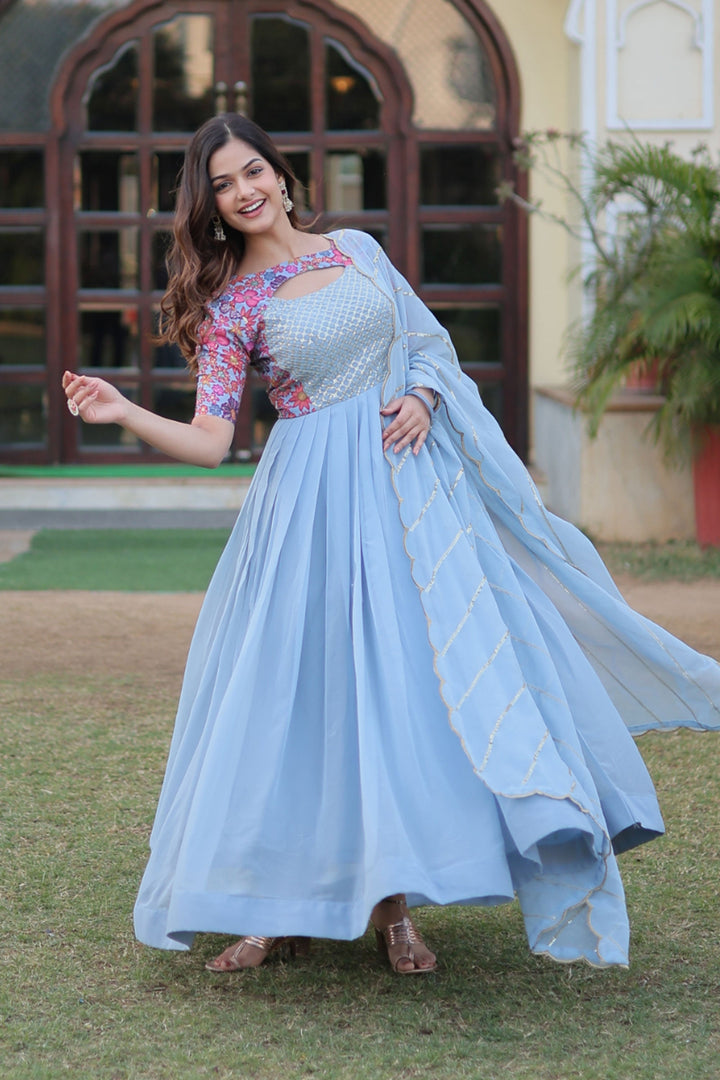 Georgette Fabric Luminous Readymade Gown With Dupatta In Sky Blue Color