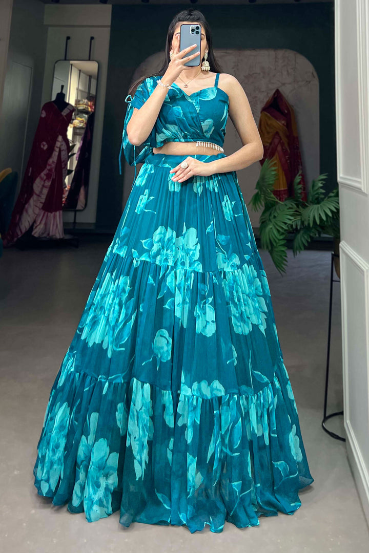 Floral Printed Work Teal Color Fashionable Readymade Lehenga In Chiffon Fabric