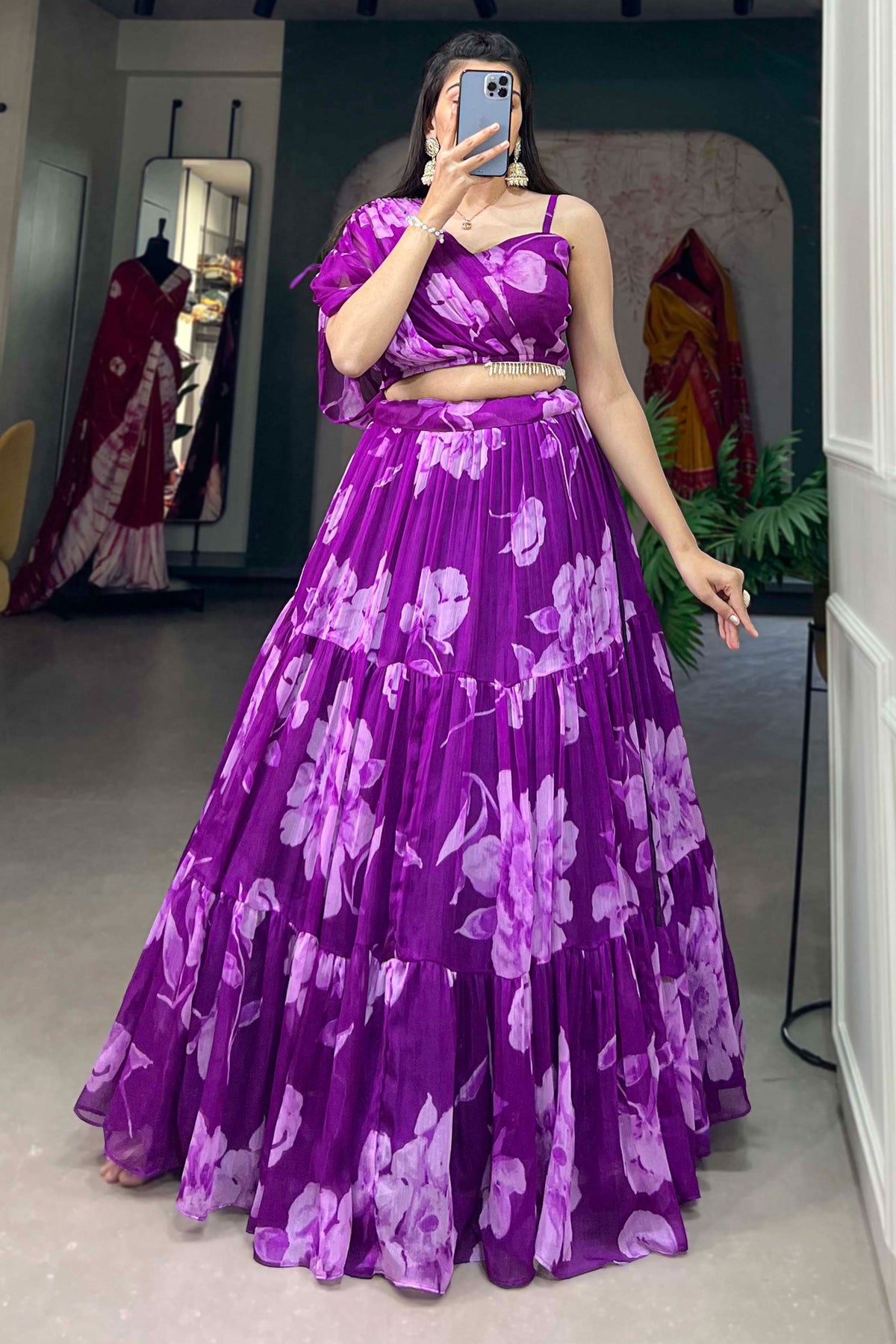 Chiffon Fabric Magnificent Readymade Lehenga In Purple Color With Floral Printed Work