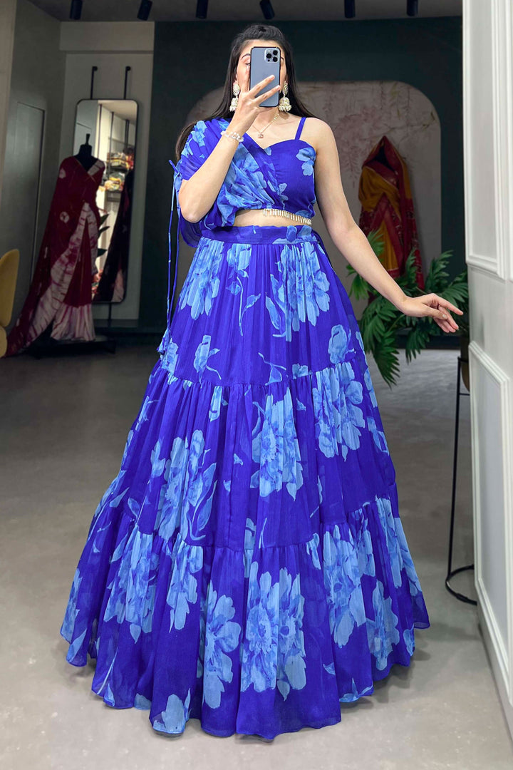 Blue Color Floral Printed Work Luminous Readymade Lehenga In Chiffon Fabric