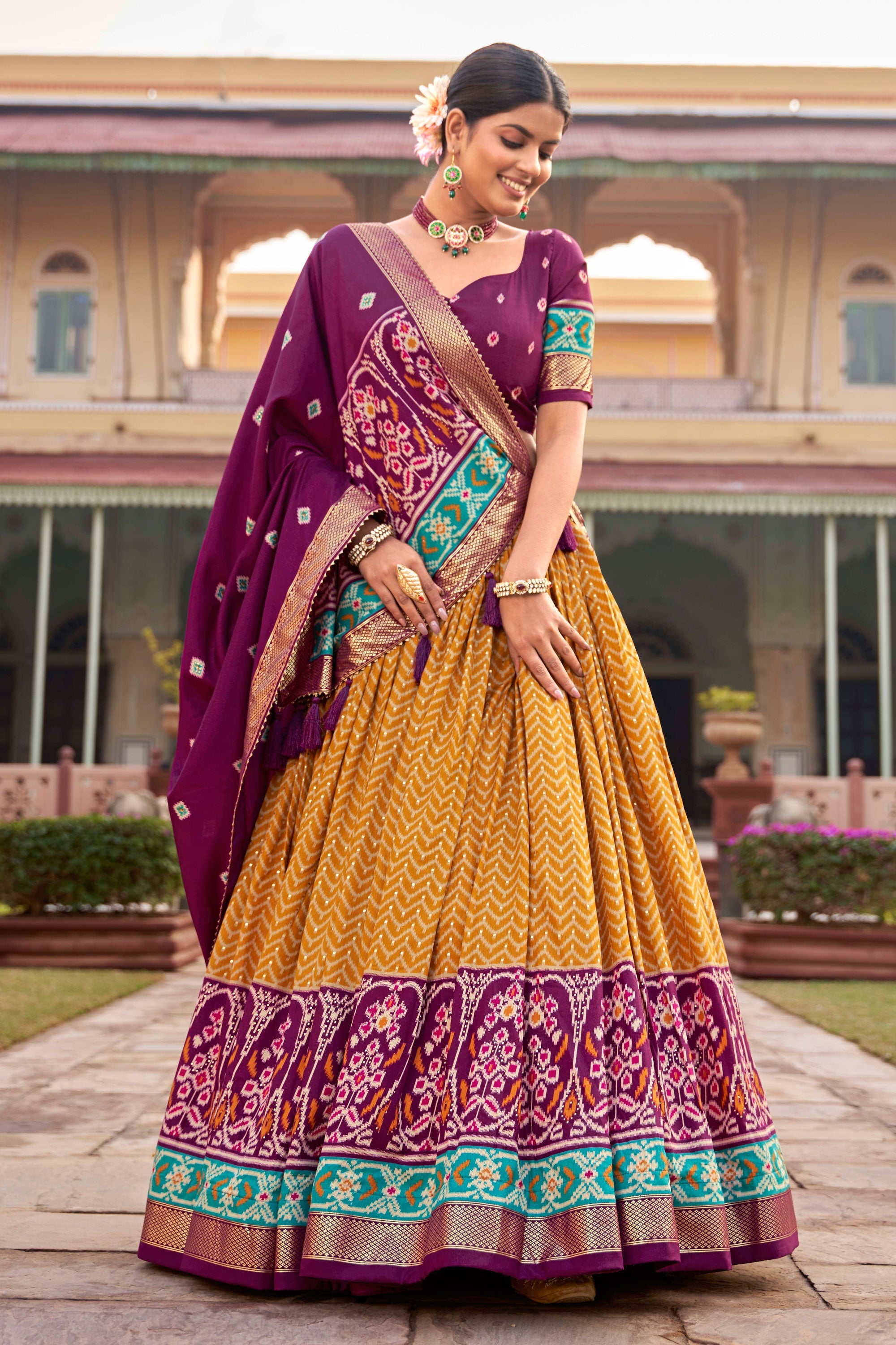 Art Silk Fabric Mustard Color Beatific Look Patola Style Foil Printed Lehenga