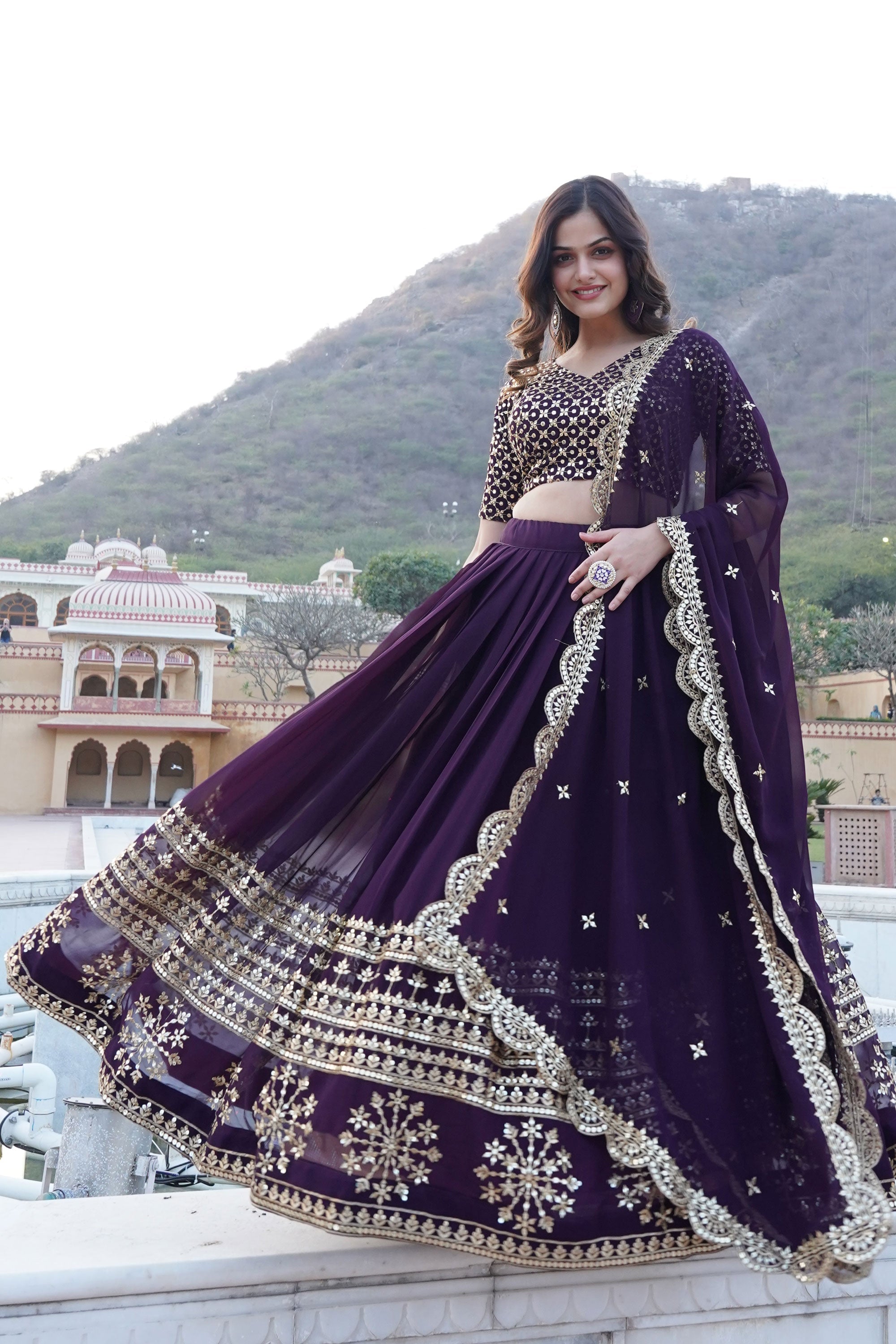 Attractive Function Wear Wine Color Sequins Work Georgette Lehenga Choli