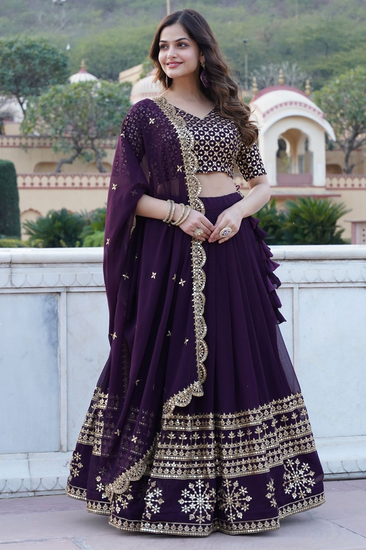 Attractive Function Wear Wine Color Sequins Work Georgette Lehenga Choli