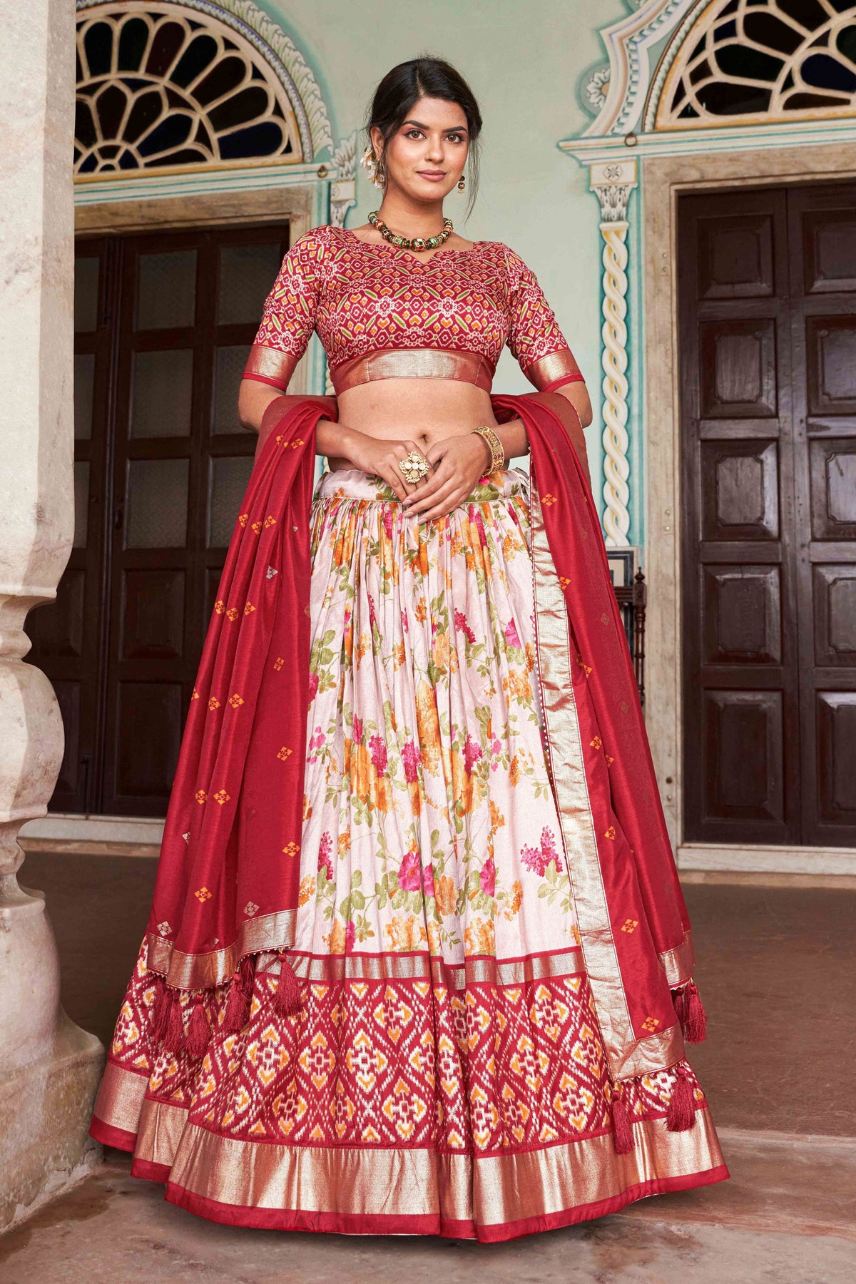 Multi Color Floral and Patola Printed Art Silk Fabric Chic Readymade Lehenga