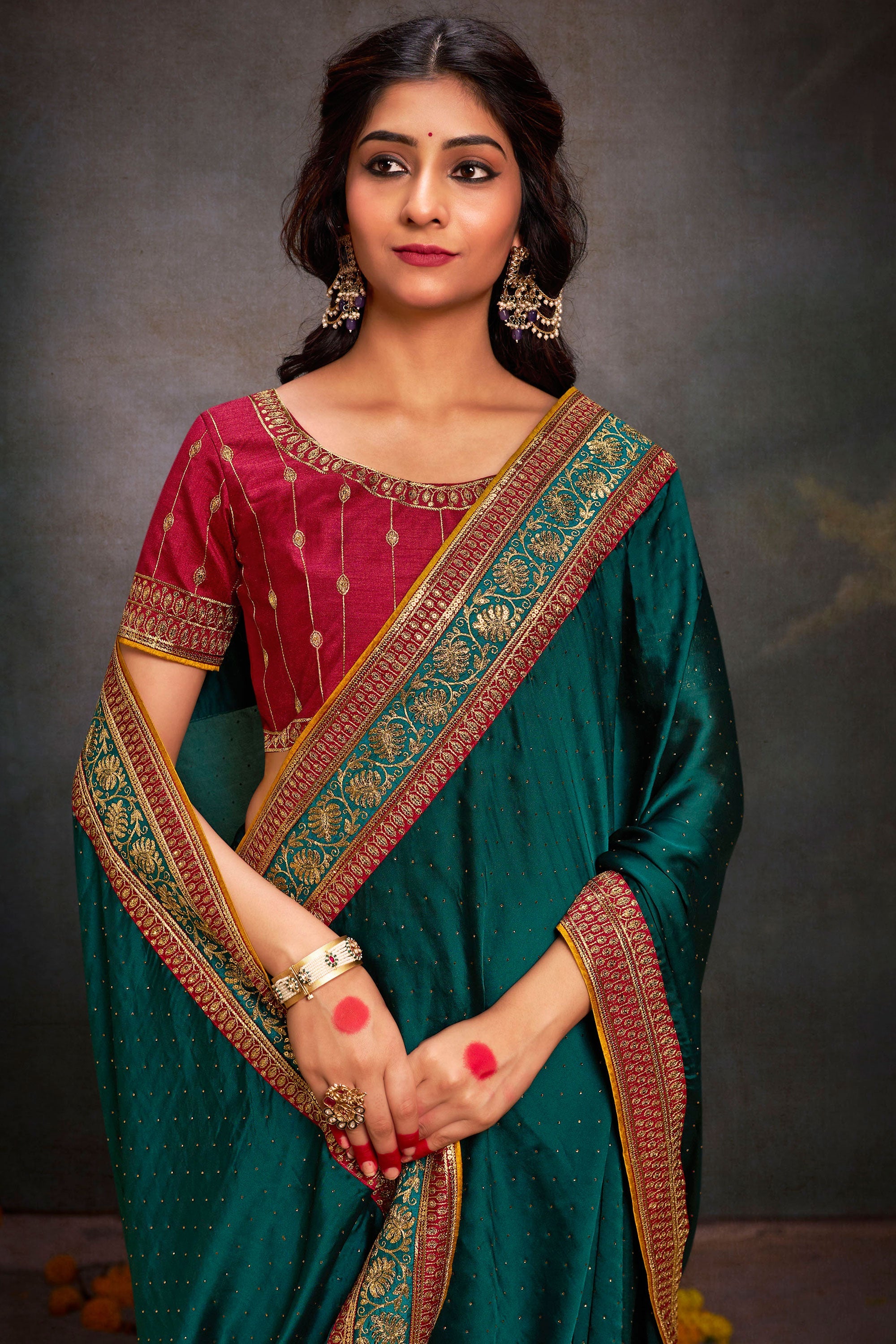 Dark Green Color Charismatic Border Work Satin Fabric Saree