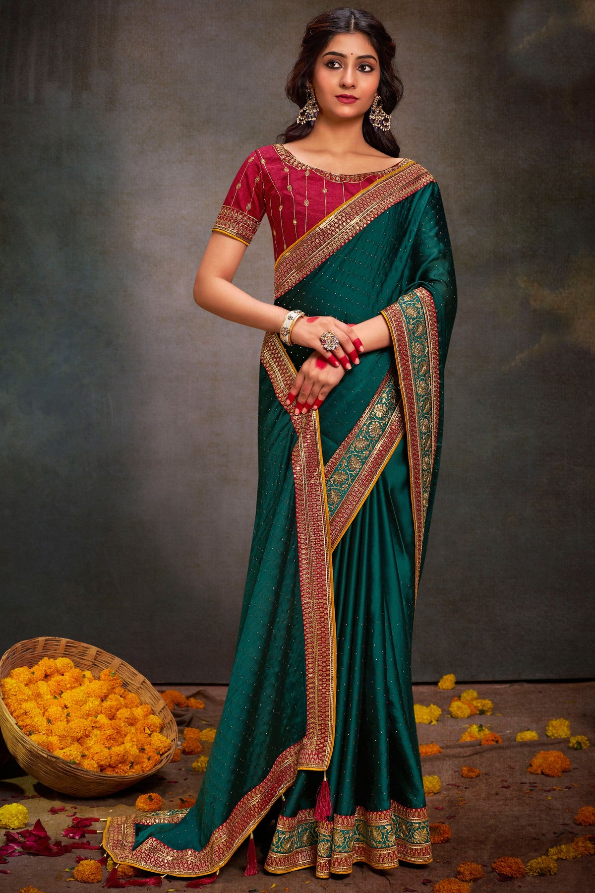 Dark Green Color Charismatic Border Work Satin Fabric Saree