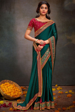 Dark Green Color Charismatic Border Work Satin Fabric Saree