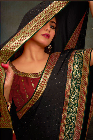 Ingenious Border Work Black Color Satin Fabric Saree