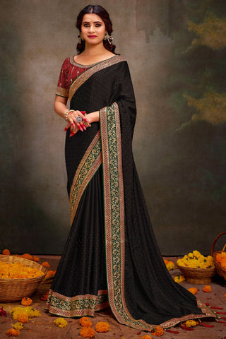 Ingenious Border Work Black Color Satin Fabric Saree