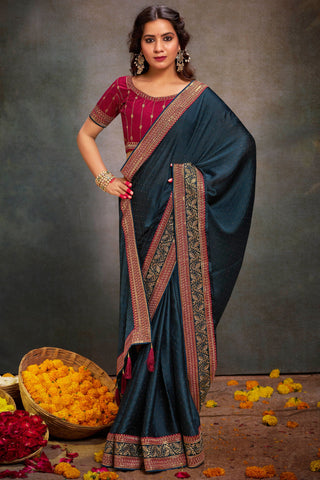 Phenomenal Border Work Teal Color Satin Fabric Saree