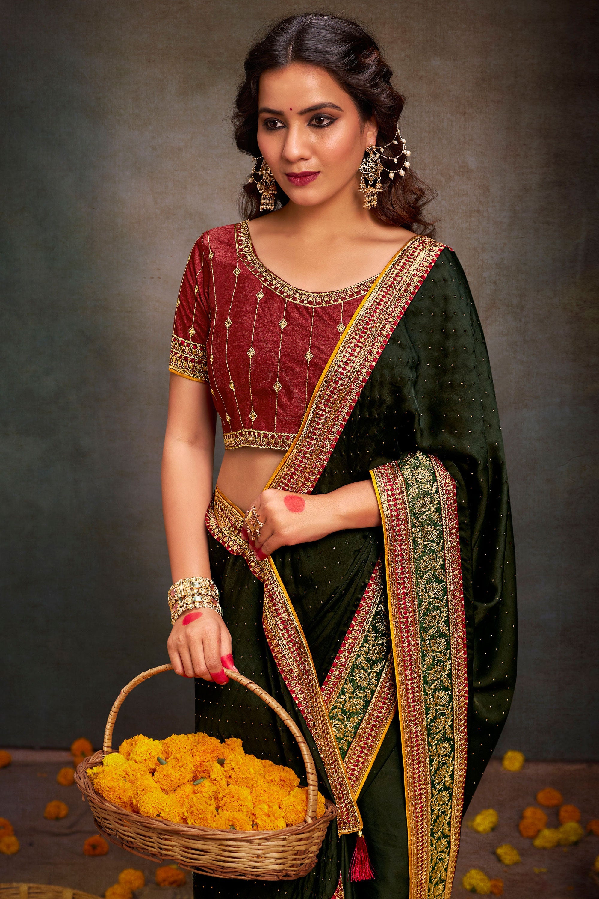 Green Color Glorious Border Work Satin Fabric Saree