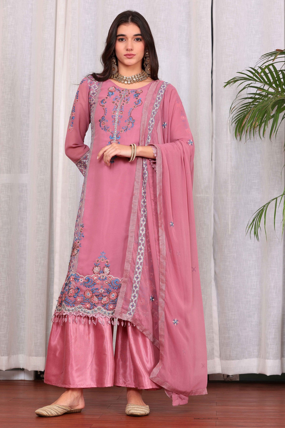 Georgette Fabric Function Wear Beatific Palazzo Suit In Pink Color