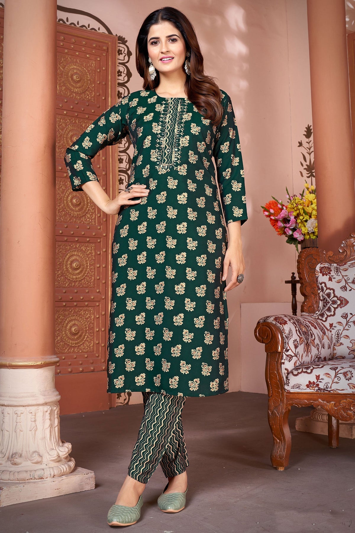 Komal Vora Dark Green Color Art Silk Fabric Riveting Kurti With Bottom