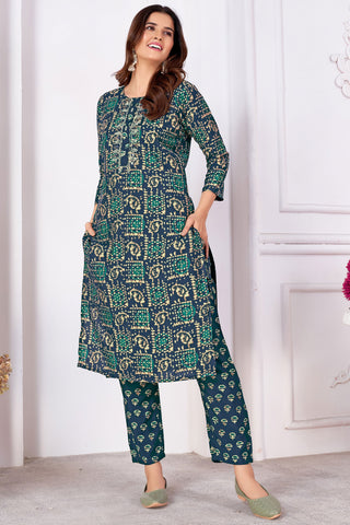 Komal Vora Bewitching Art Silk Readymade Kurti With Bottom In Navy Blue Color