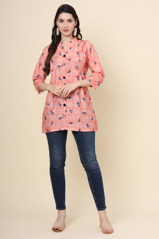 Readymade Orange Color Stylish Look Short Cotton Kurti