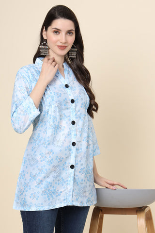 Readymade Light Cyan Color Beatific Look Short Cotton Kurti