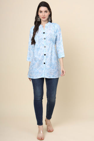 Readymade Light Cyan Color Beatific Look Short Cotton Kurti