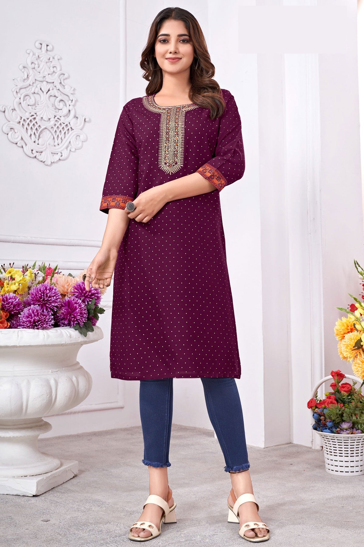 Appealing Wine Color Rayon Fabric Readymade Casual Kurti