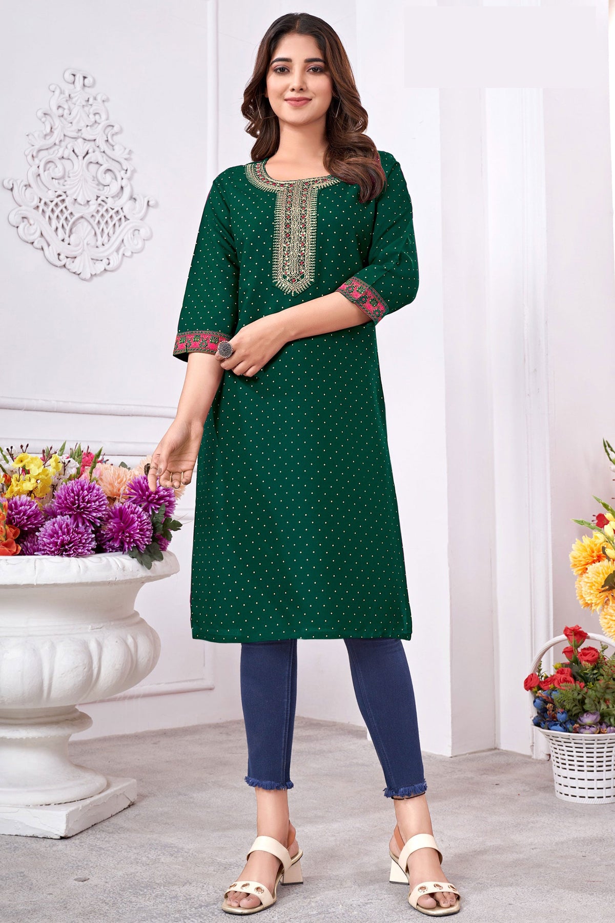 Beguiling Green Color Rayon Fabric Readymade Casual Kurti