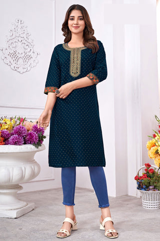 Engaging Navy Blue Color Rayon Fabric Readymade Casual Kurti