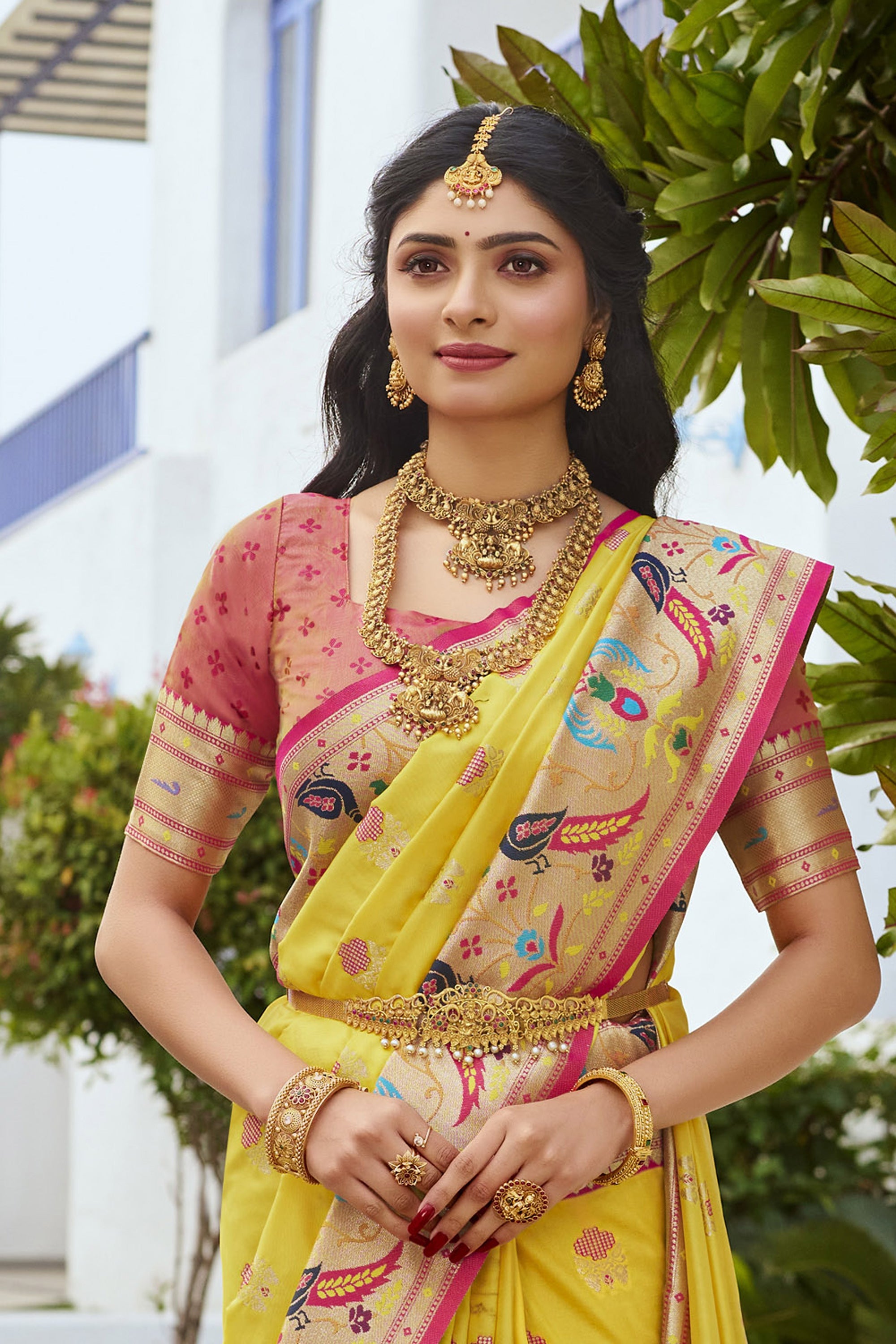 Vibrant Yellow Color Paithani Silk Meenakari Work Saree For Function