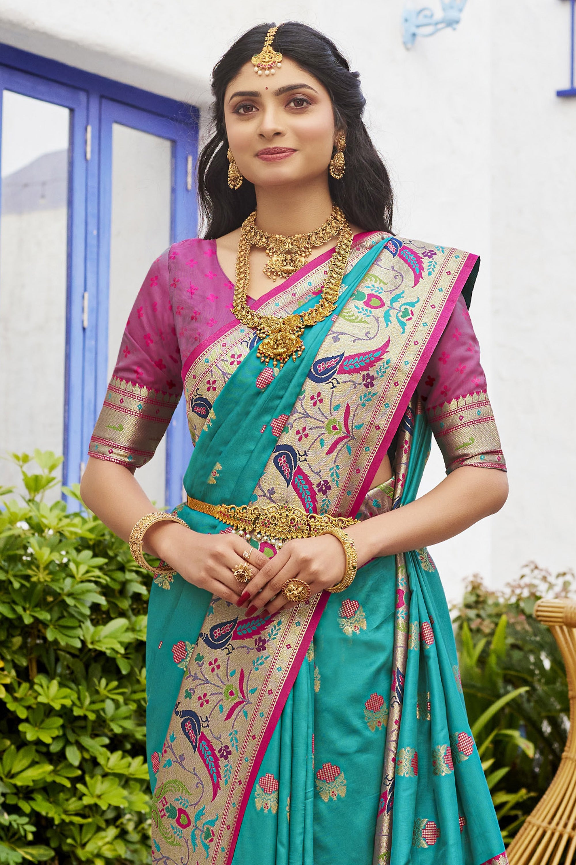 Classic Paithani Silk Meenakari Work Sea Green Color Saree Function