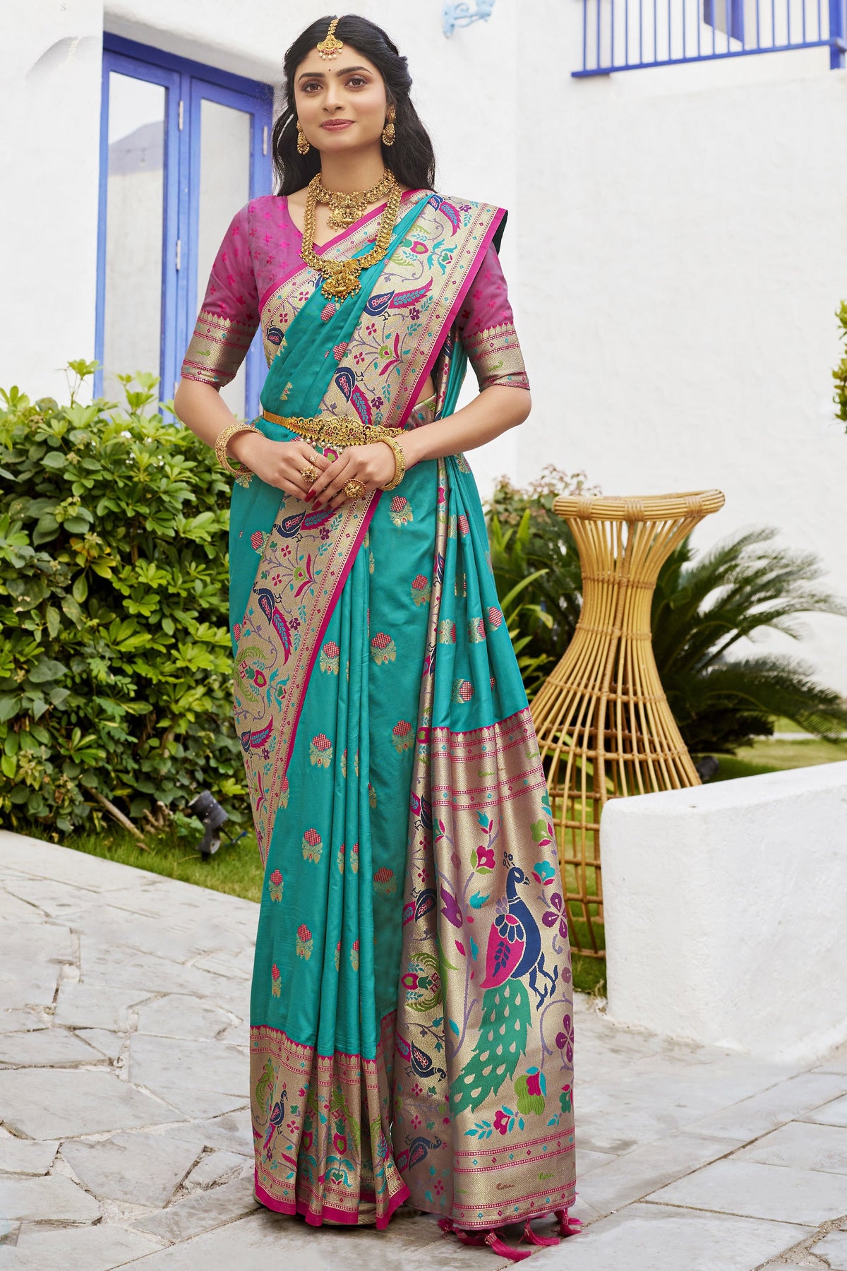 Classic Paithani Silk Meenakari Work Sea Green Color Saree Function