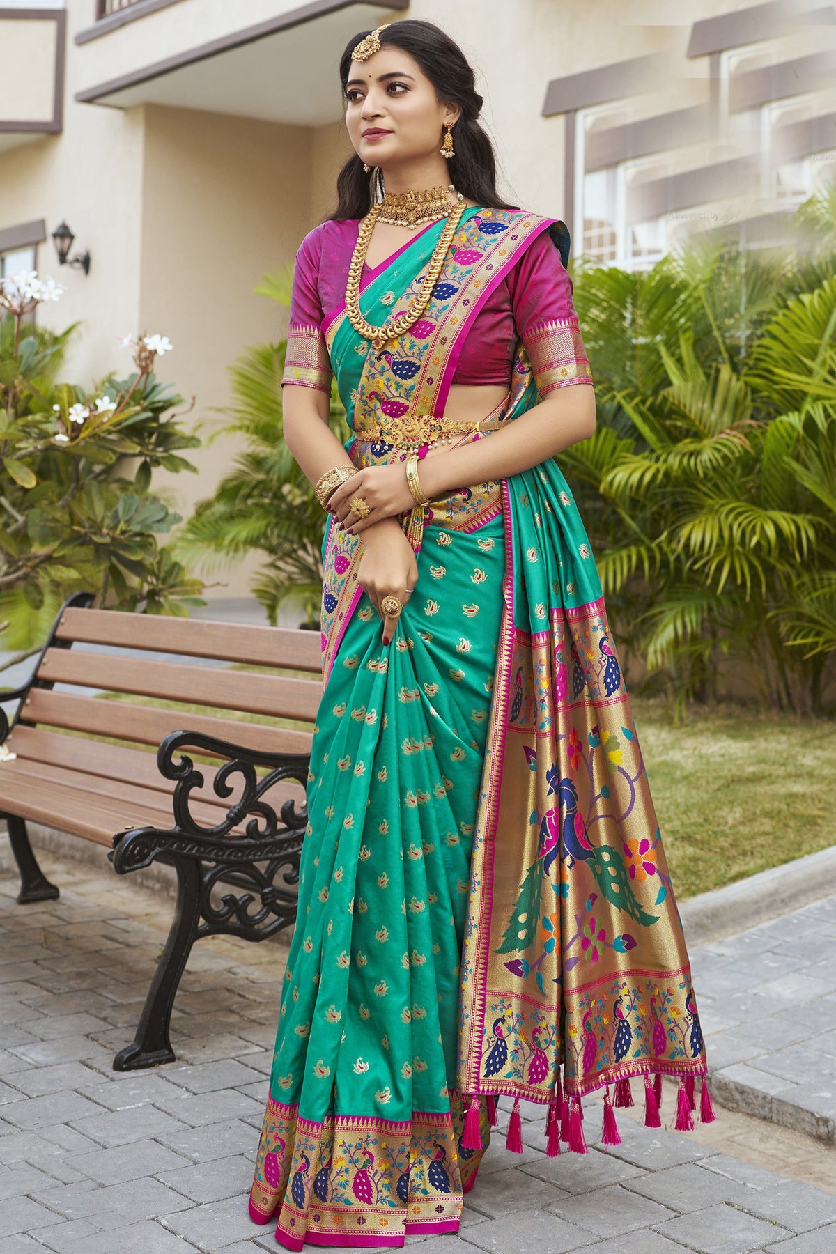 Embellished Sea Green Color Meenakari Work Paithani Silk Saree