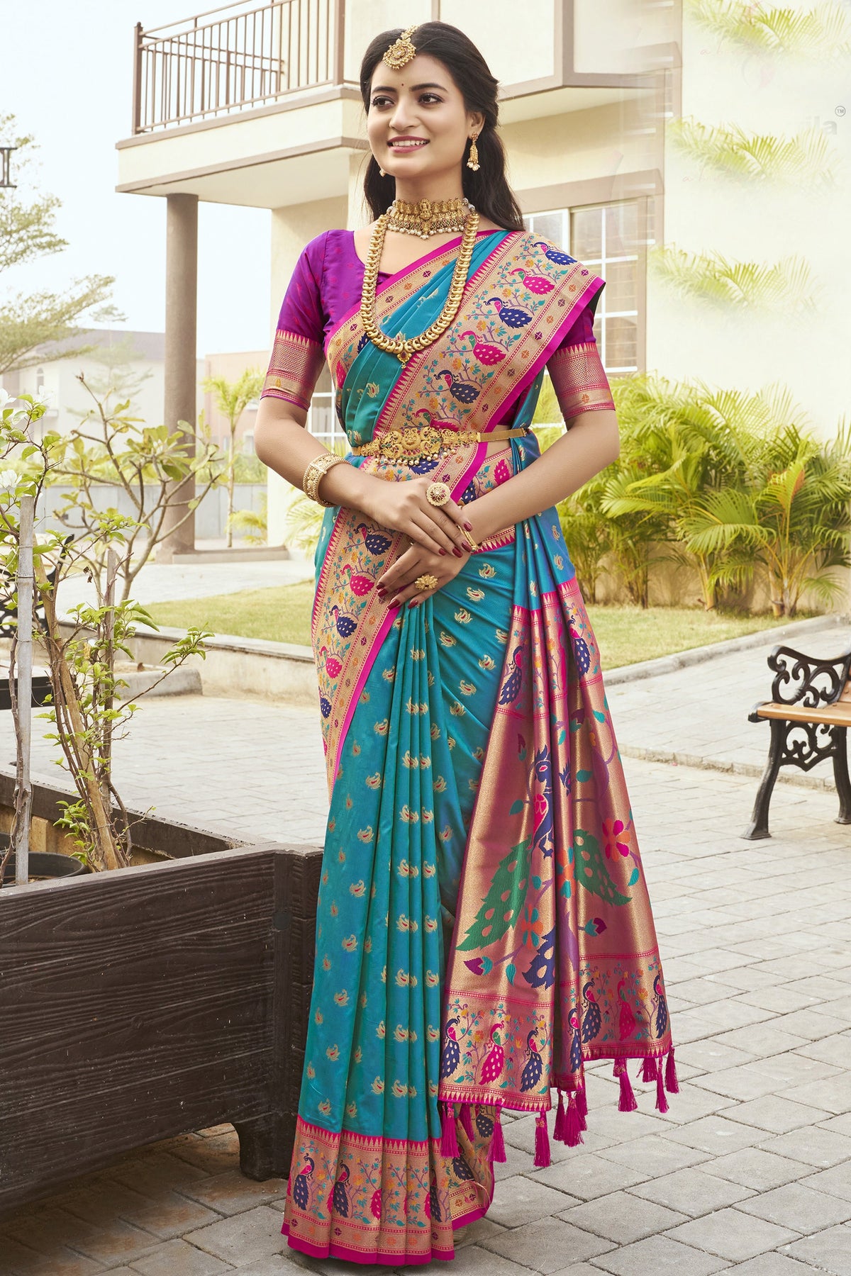 Cyan Color Charismatic Meenakari Work Paithani Silk Saree