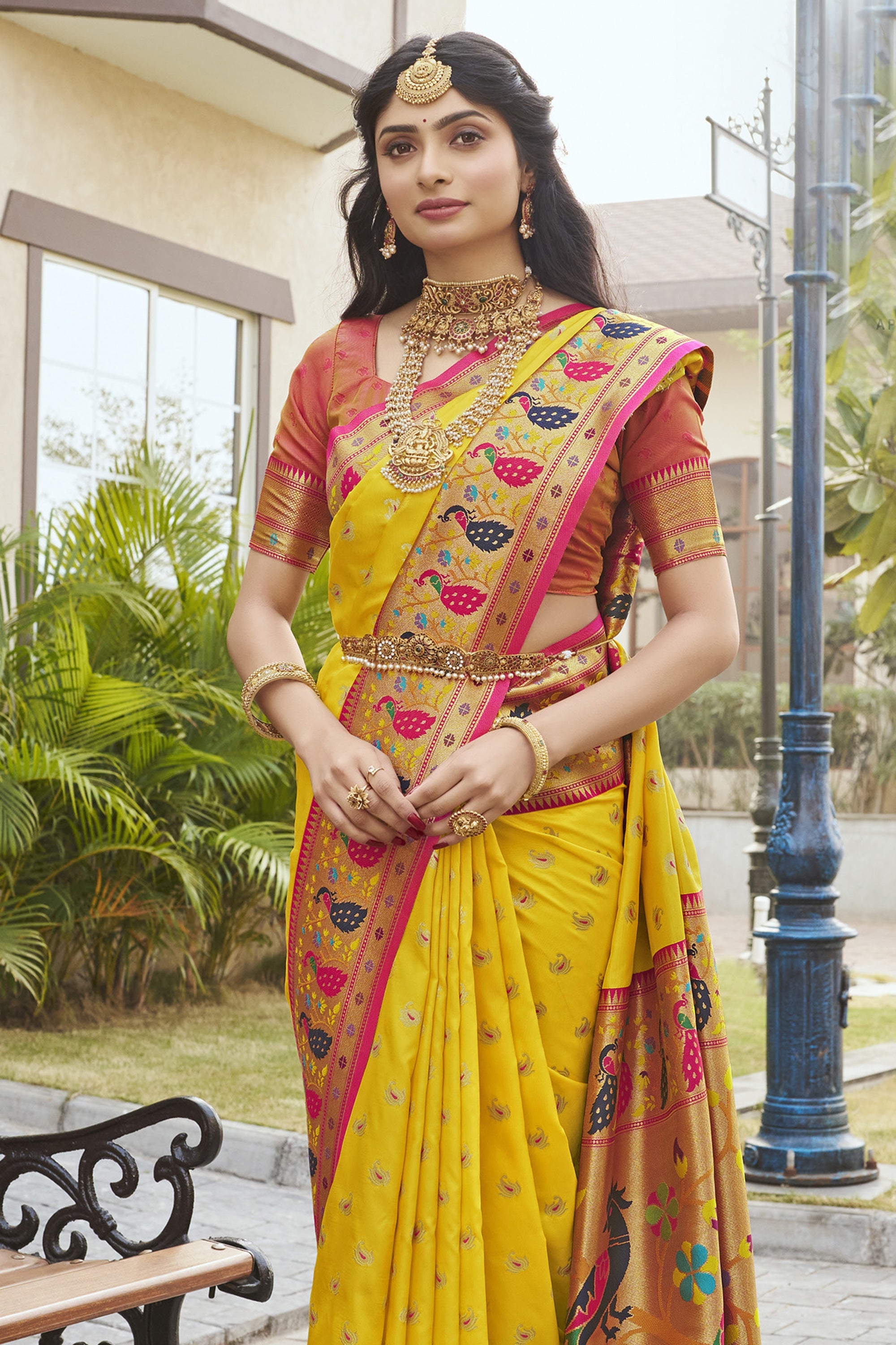 Ingenious Meenakari Work Yellow Color Paithani Silk Saree