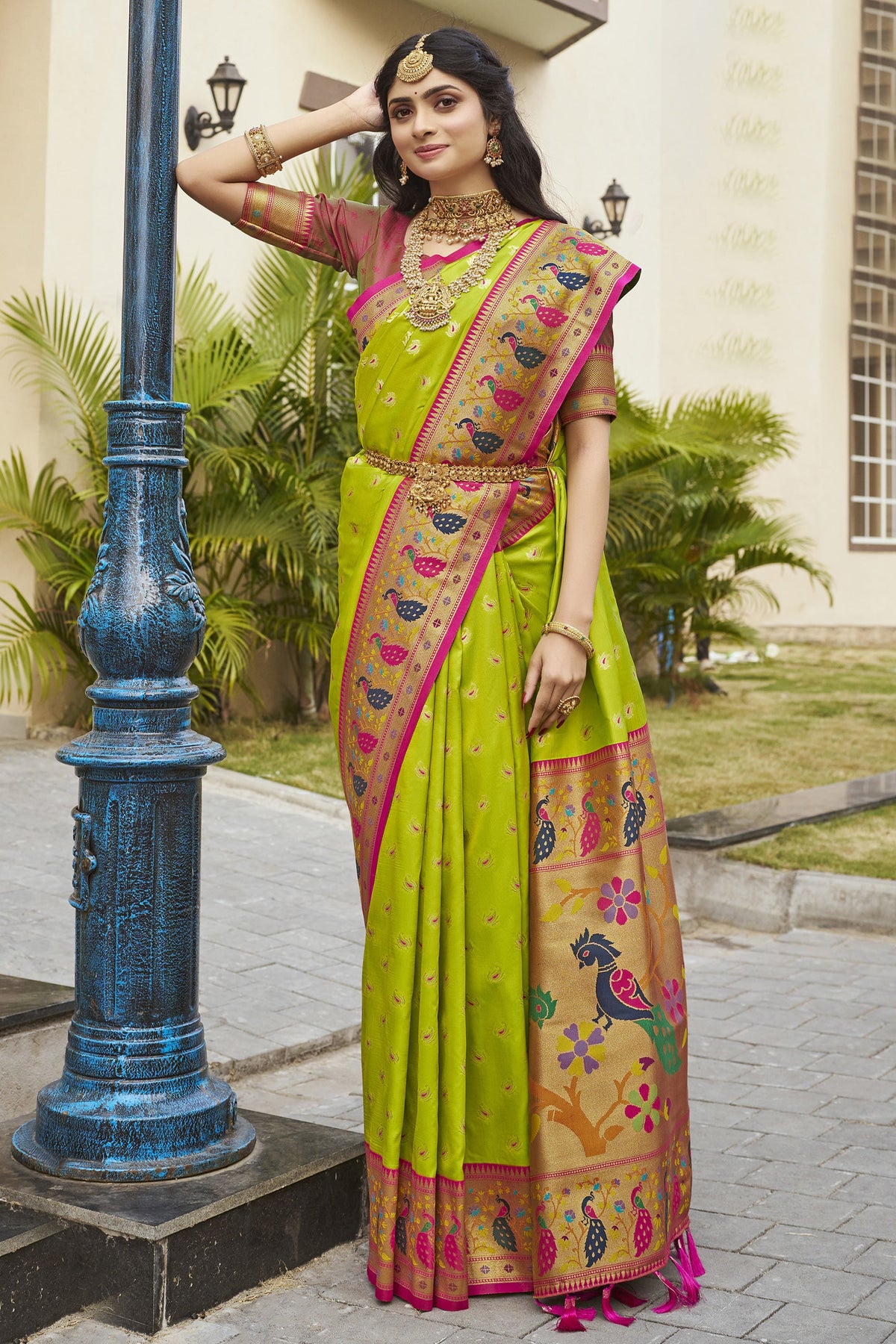 Fashionable Green Color Meenakari Work Paithani Silk Saree