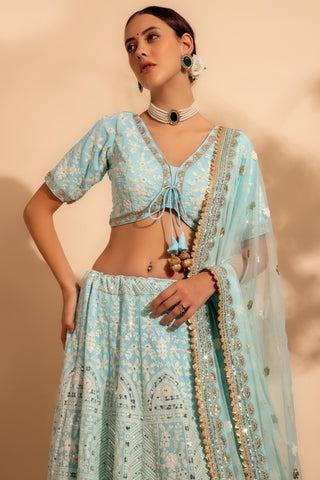 Blue Color Sequins Work On Georgette Fabric Beatific Lehenga