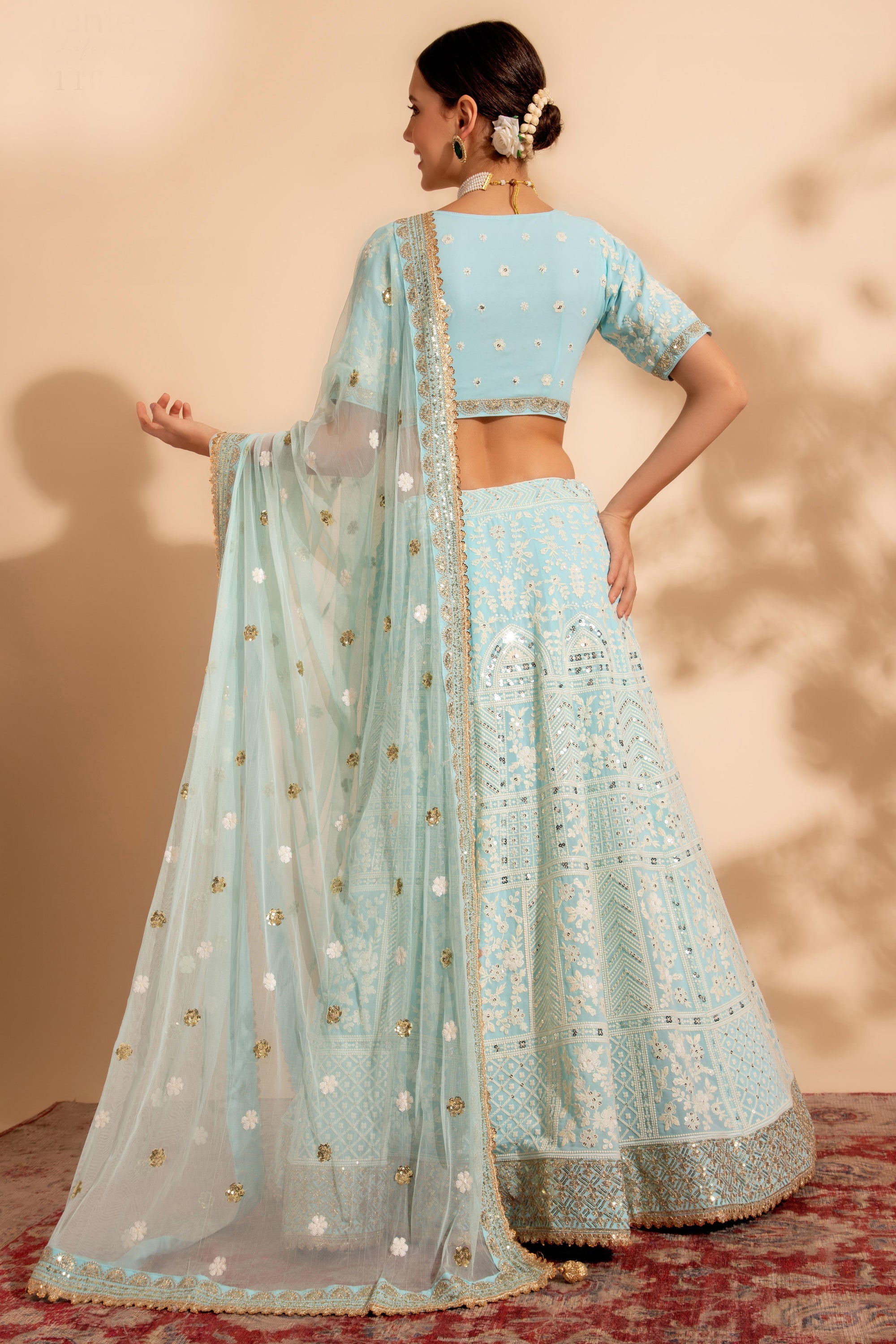 Blue Color Sequins Work On Georgette Fabric Beatific Lehenga