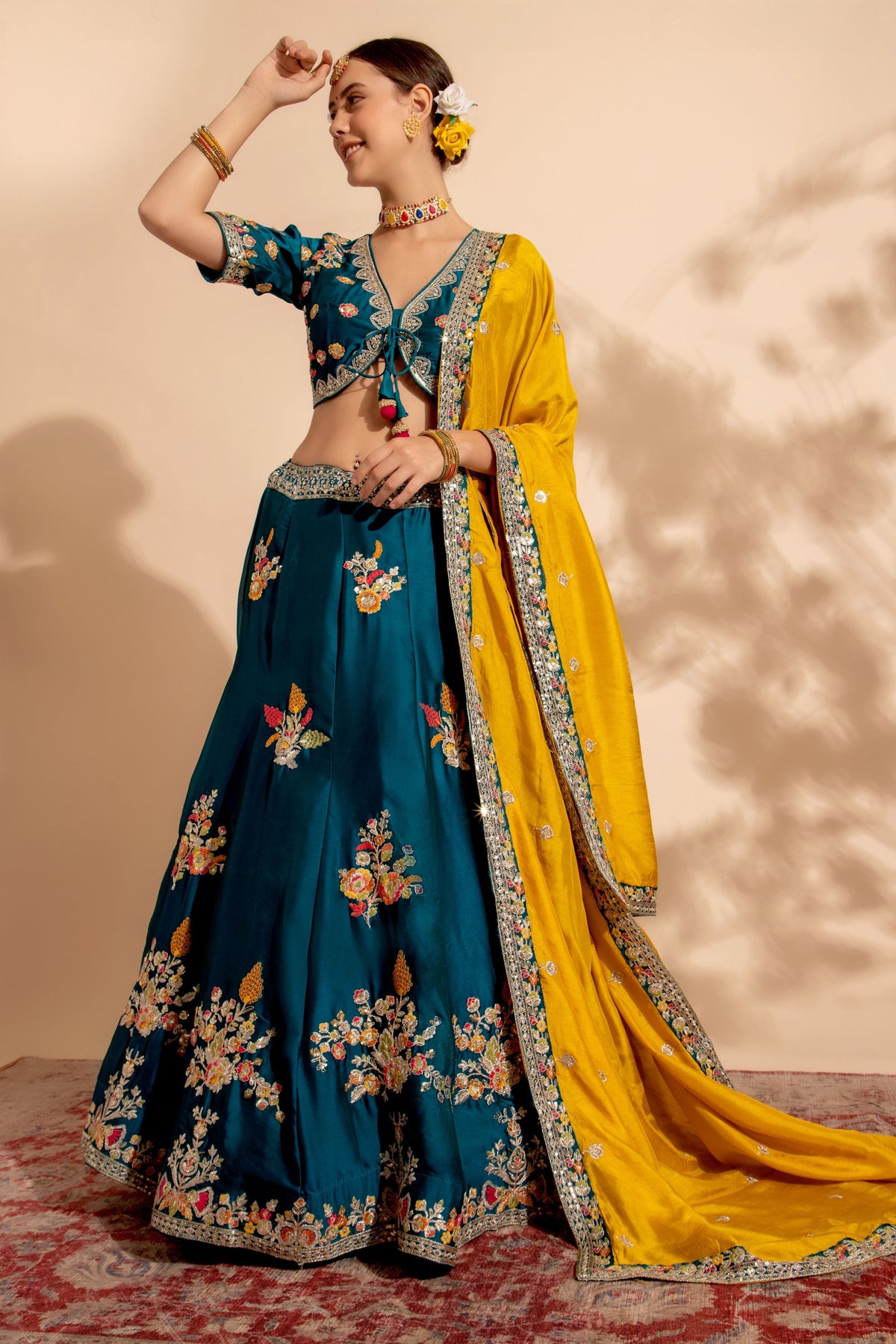 Embellished Sequins Work On Teal Color Organza Fabric Lehenga