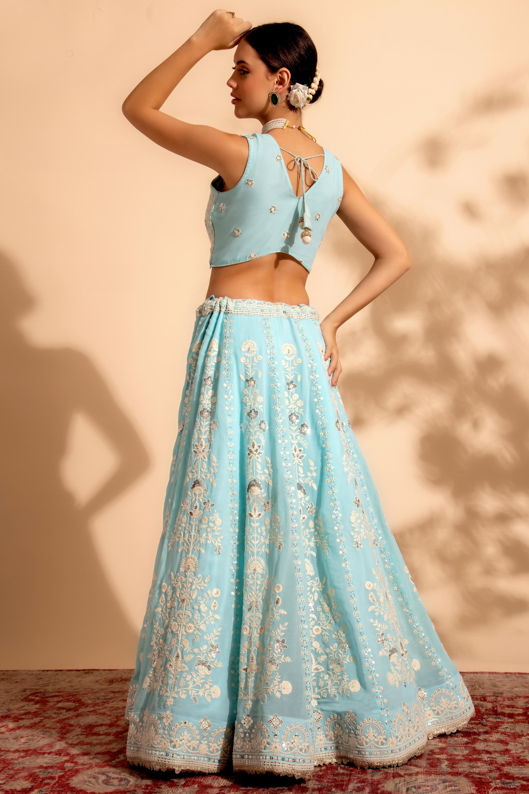 Engaging Light Cyan Color Georgette Fabric Lehenga With Sequins Work